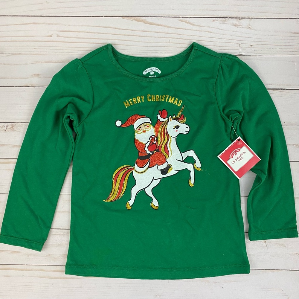 Toddler Girls Santa Unicorn Green Shirt Top Sz 4T NWT Christmas